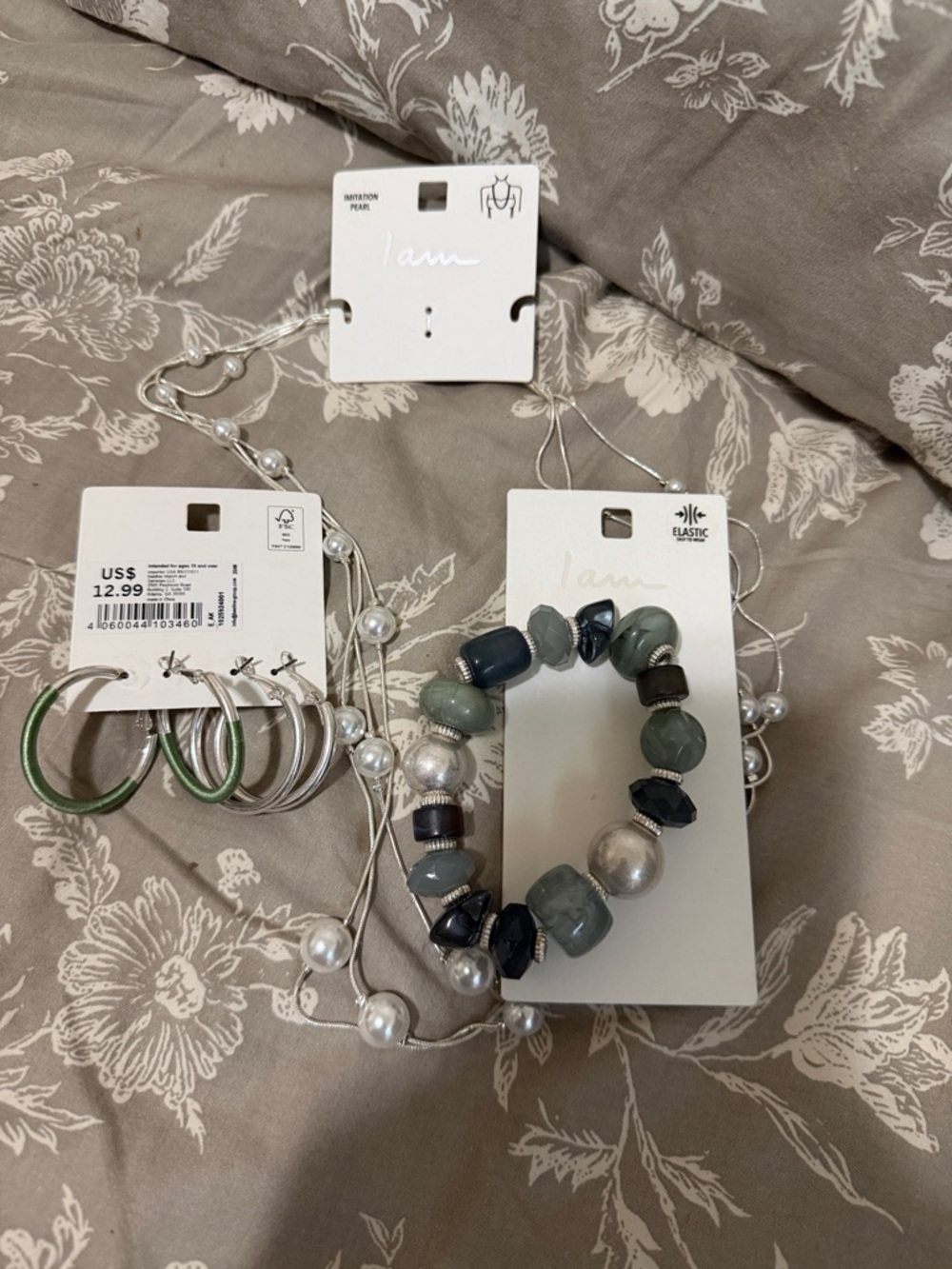 Mixed Green and Gray Beaded Stretch Bracelet by I am